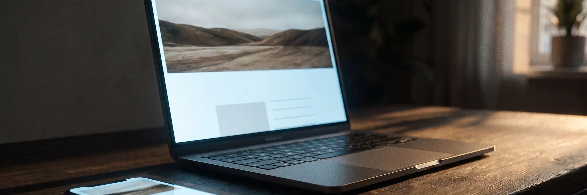 Ein Laptop und ein Telefon auf dunklem Holz, auf beiden dieselbe Seite mit großem Bild und viel Weißraum