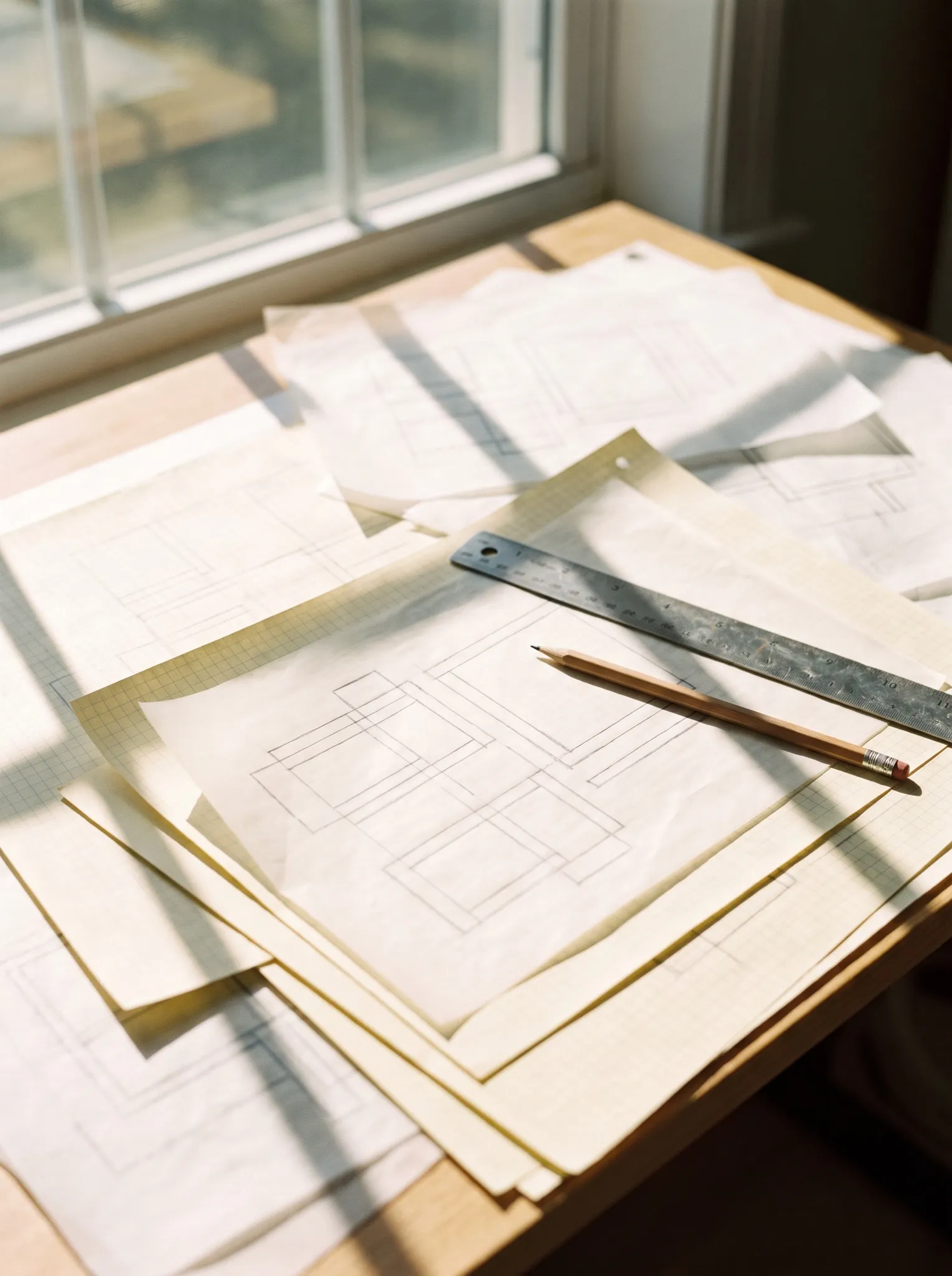 Aufrisse auf Millimeterpapier im Streiflicht, daneben Lineal und Bleistift