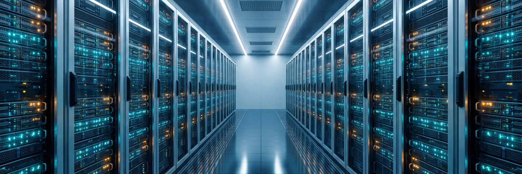 Ein Gang zwischen zwei Reihen Serverschränken, deren Statuslichter blau leuchten