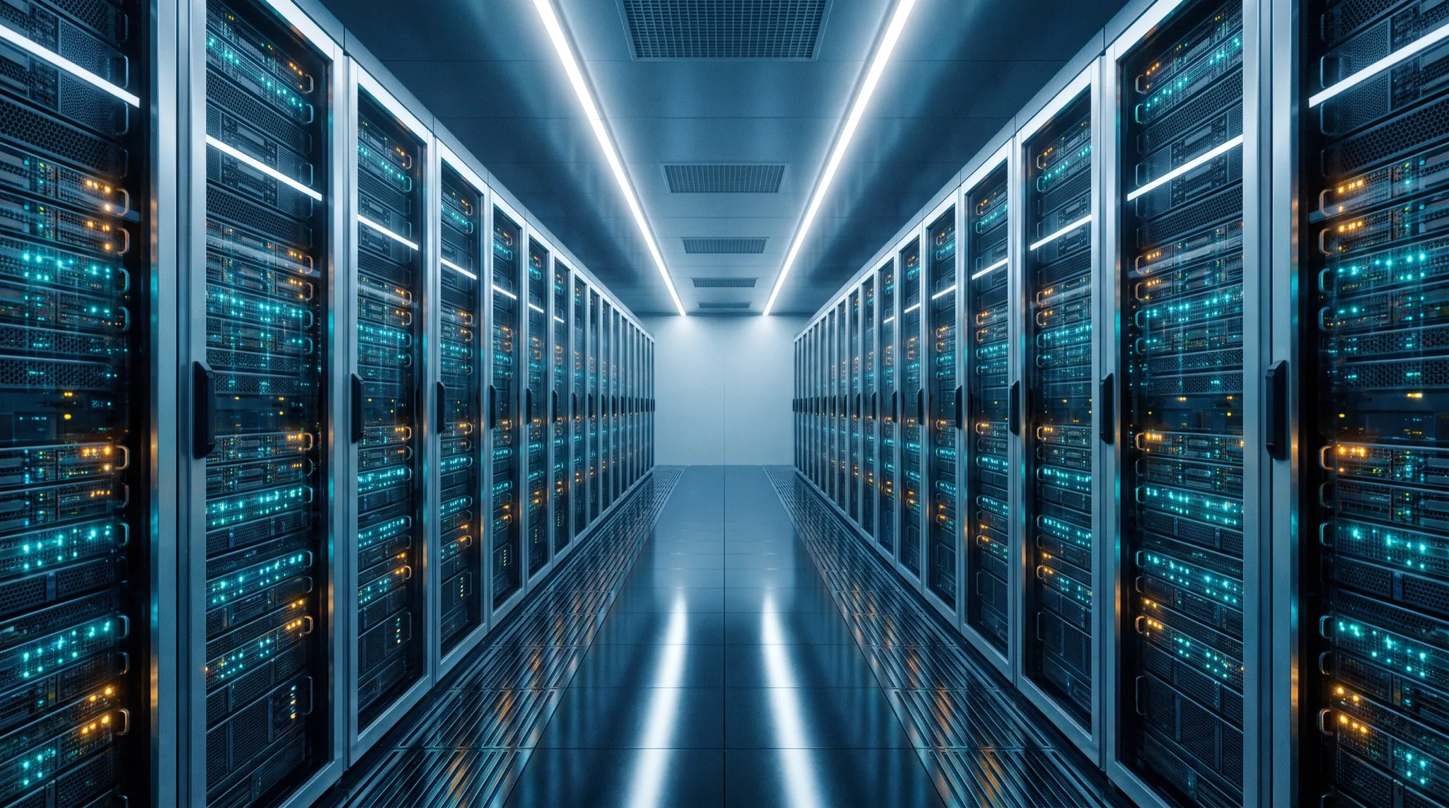 Ein Gang zwischen zwei Reihen Serverschränken, deren Statuslichter blau leuchten