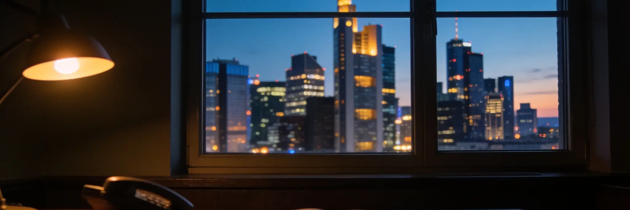 Blick über einen Schreibtisch mit Telefon und Notizbuch durch ein Fenster auf die Frankfurter Skyline zur blauen Stunde