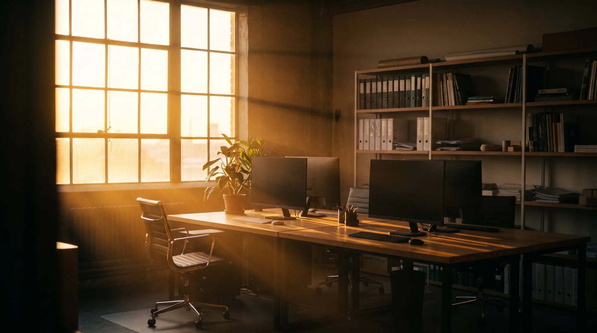 Das Studio am Abend: Abendlicht fällt durch ein hohes Fenster über einen langen Schreibtisch