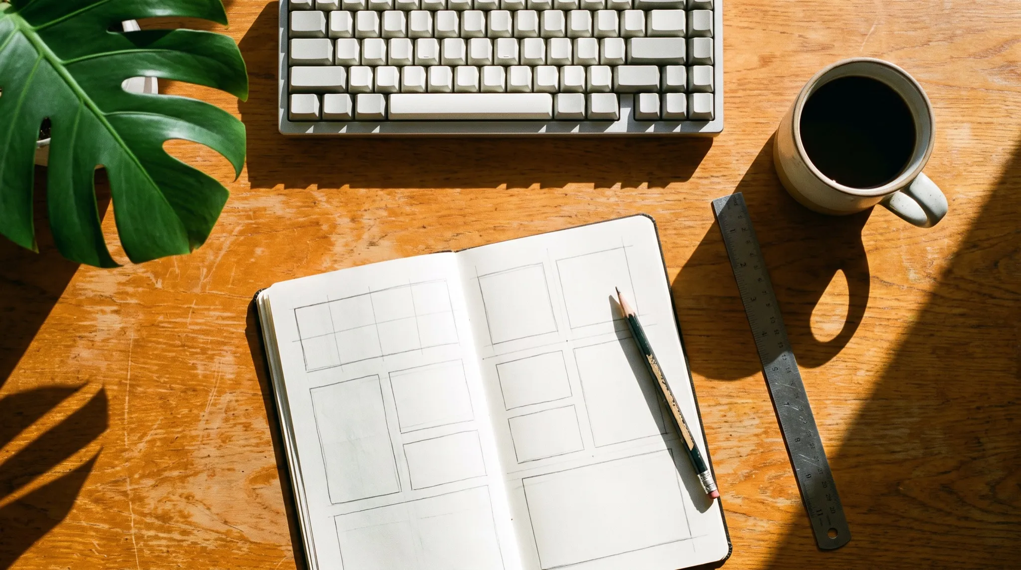 Ein Schreibtisch von oben: Tastatur, aufgeschlagenes Notizbuch mit Aufrissen, Bleistift und Kaffee