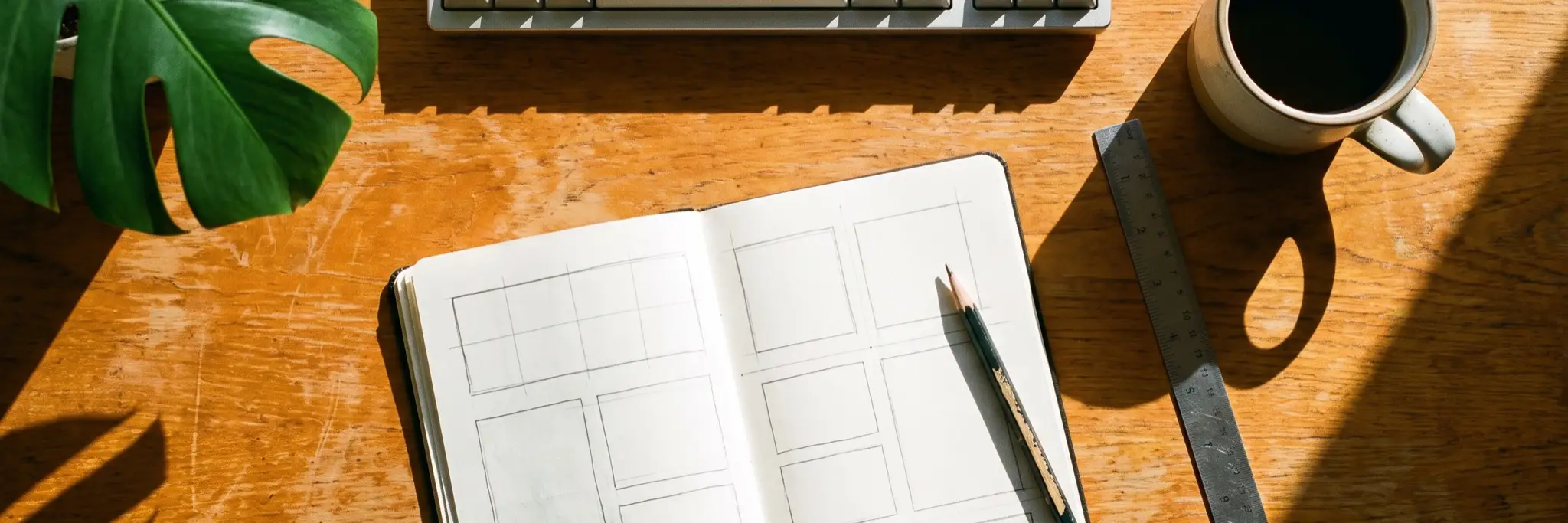 Ein Schreibtisch von oben: Tastatur, aufgeschlagenes Notizbuch mit Aufrissen, Bleistift und Kaffee